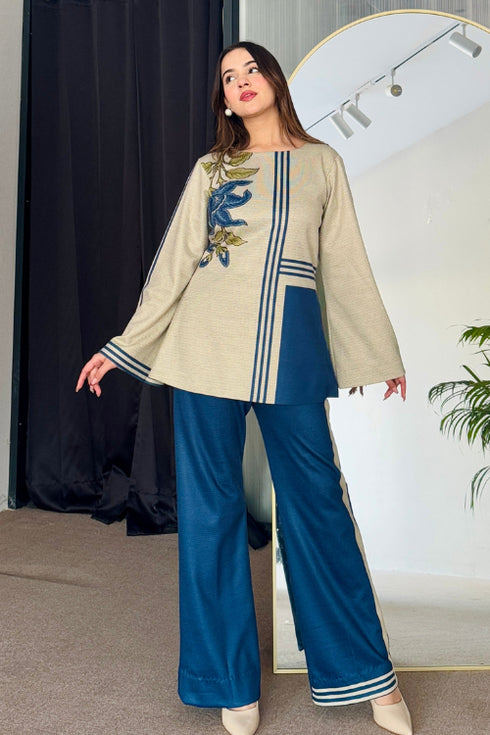 Beige Blue Woollen Coord Set